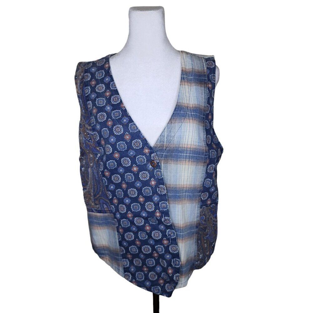 Vintage 80s Sleeveless Plaid Paisley Vest Womens Size M Blue